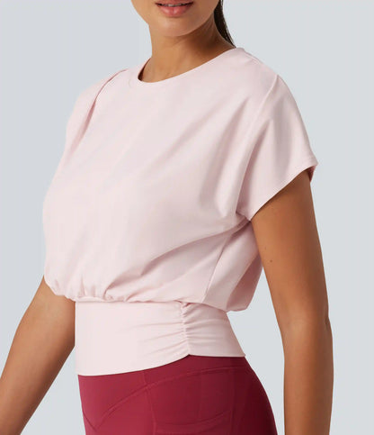 SoftlyZero™ Plush Round Neck Short Sleeve Ruched Boxy Yoga Sports Top