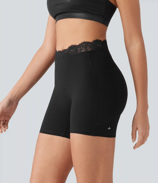 Halara UltraSculpt™ V-Shaped High Waisted Contrast Lace Yoga Biker Shorts 5'' with Pockets