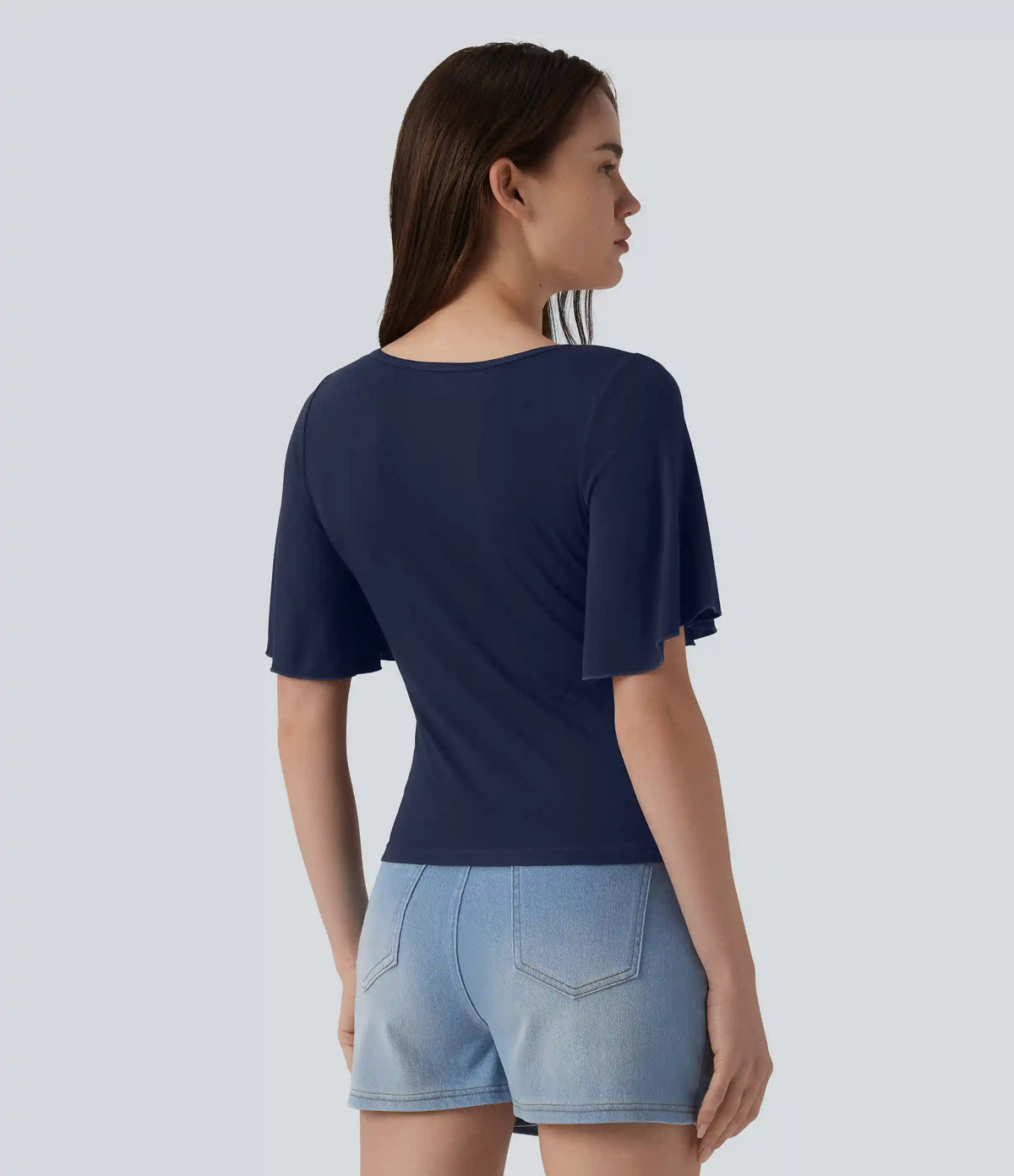 Ribbed Square Neck Butterfly Sleeve Ruched Casual T-Shirt