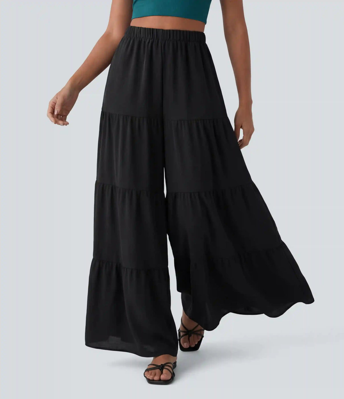 High Waisted Wide Leg Flowy Linen-Feel Pants with Pockets