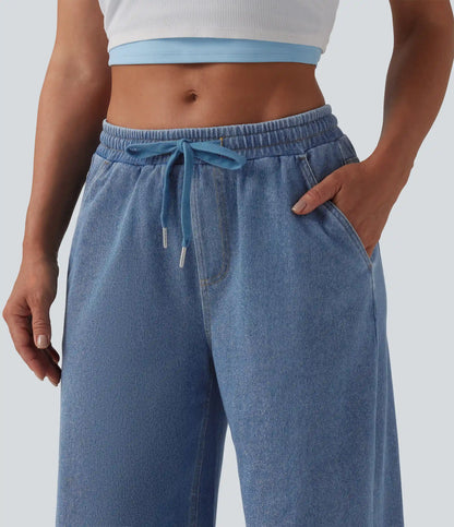 Halara Flex™ Low Rise Drawstring Wide Leg Silver Shine Casual Sweatpants Jeans with Pockets