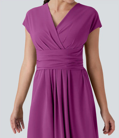 Breezeful™ V Neck Short Sleeve Pocket Tie Back Quick Dry Midi Casual Dress