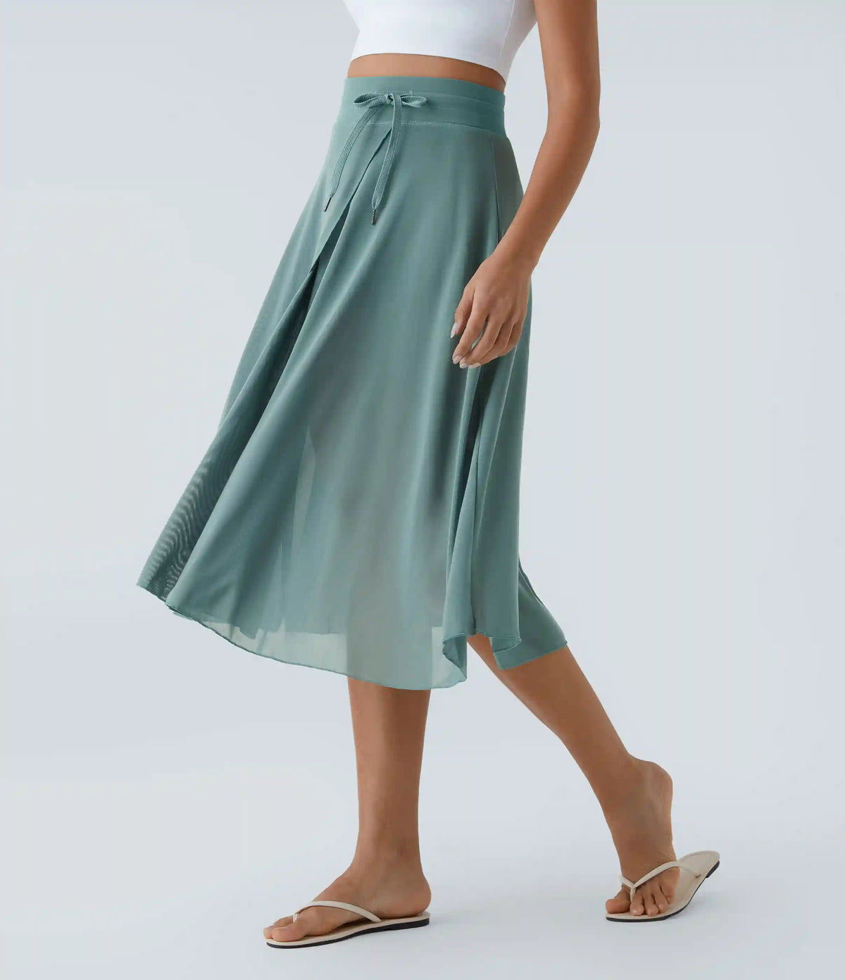 High Waisted Drawstring Contrast Mesh 2-in-1 Pocket Flowy Midi Flare Casual Skirt