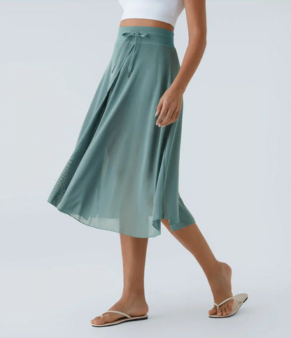 High Waisted Drawstring Contrast Mesh 2-in-1 Pocket Flowy Midi Flare Casual Skirt