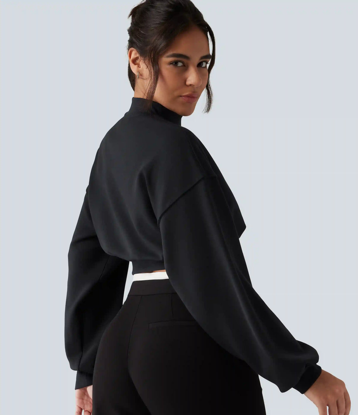 Mock Neck Dropped Long Sleeve Casual Cropped Sweatshirt