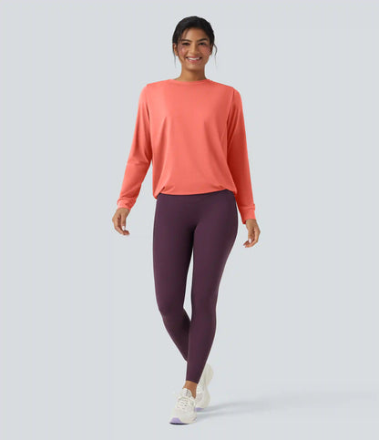 Round Neck Long Sleeve Ruched Yoga Sports Top-UPF50+