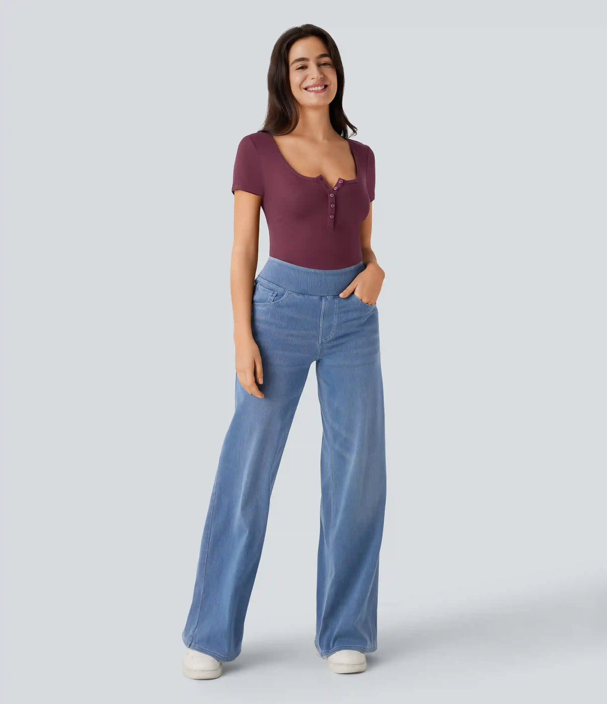 Ribbed Henley Neck Short Sleeve Slim Casual Top