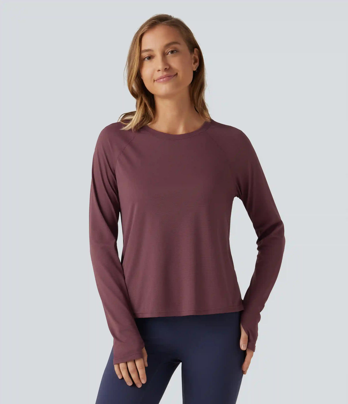 Round Neck Mesh Raglan Long Sleeve Thumb Holes Quick Dry Running Sports Top