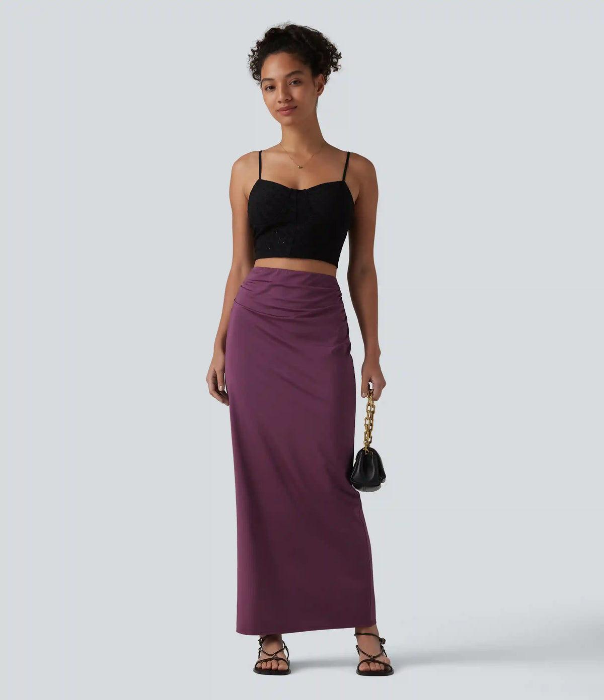 High Waisted Ruched Stretchy Satin-Like InstantCool Maxi Casual Pencil Skirt