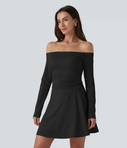 Off-shoulder Long Sleeve Ruched 2-in-1 Built-in Bra Casual Dress with Pocket-Easy Peezy