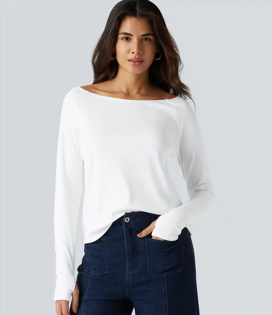 Boat Neck Long Sleeve Thumb Hole Casual Pima Cotton T-Shirt