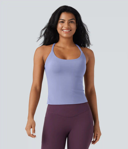 Scoop Neck Crisscross Back Crossover Hem Yoga Cami Top