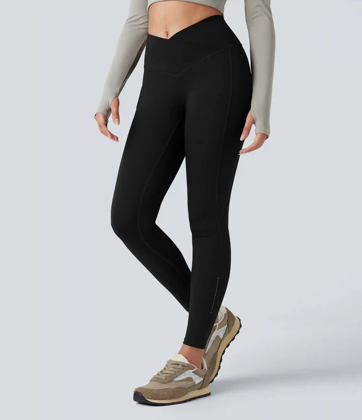 Wear-Resistant Reflective Crossover High Waisted Hiking 7/8 Leggings with Pocket