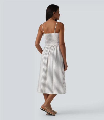 Removable Straps Shirred Stripes Linen-Feel Resort Slip Dress