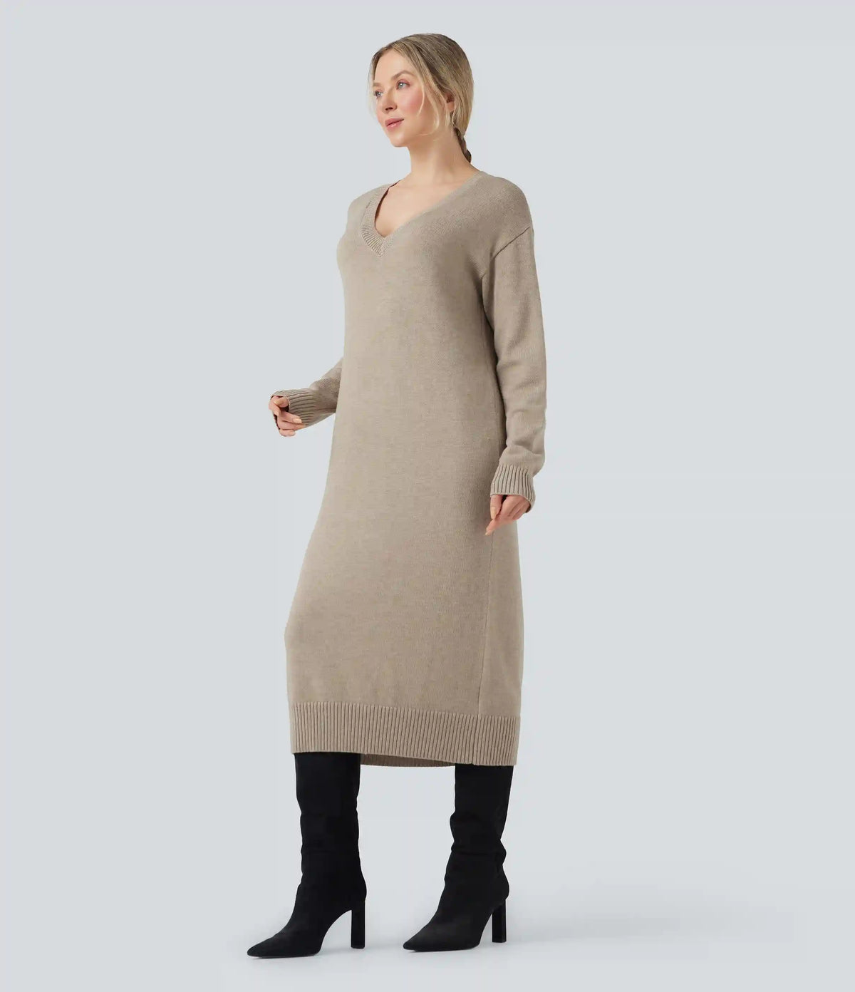 V-neck Long Sleeve Midi Wool-Blend Work Sweater Dress-Front and Back Wearable