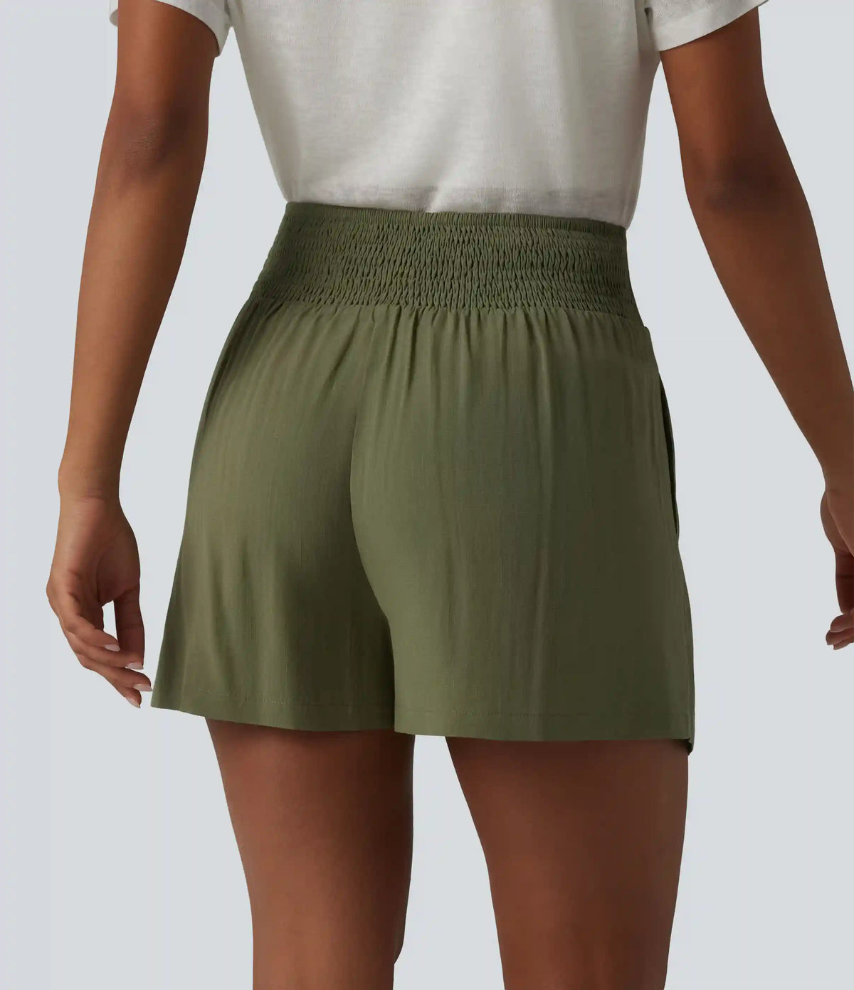 High Waisted Tie Front Shirred Pleated Casual Linen-Feel Shorts with Pockets