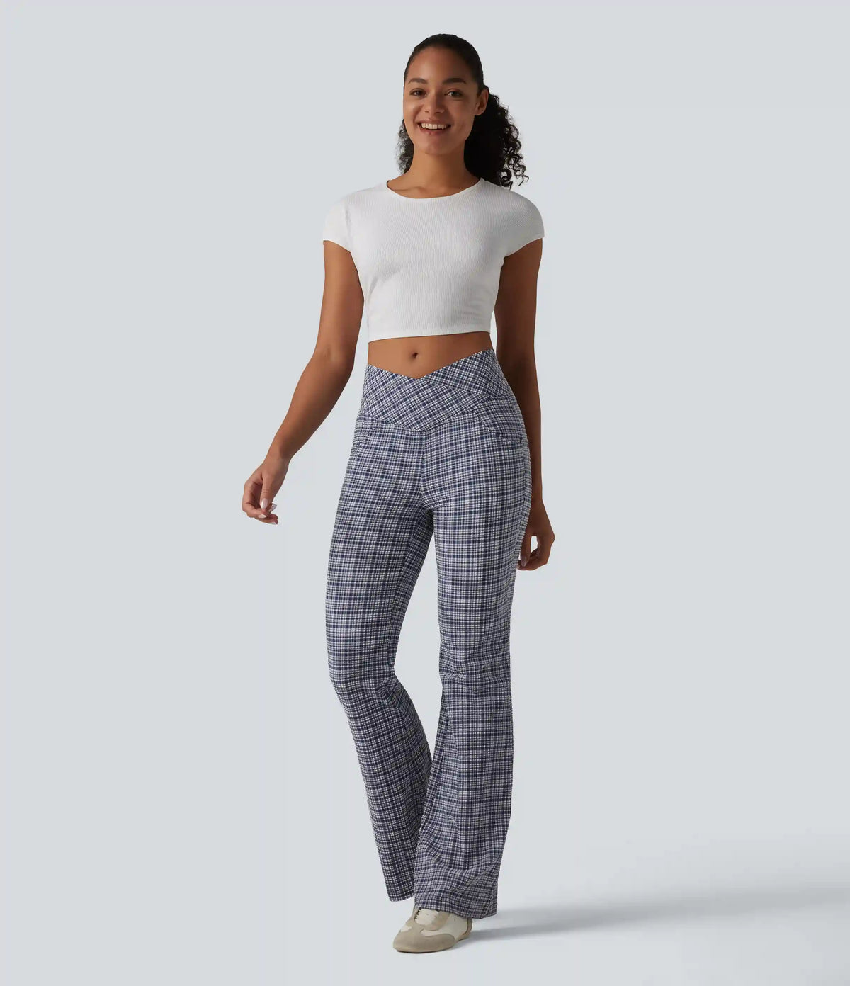 High Waisted Crossover Tummy Control Plaid Crinkle Quick Dry Flare Casual Pants with Pockets