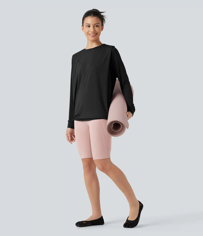 Round Neck Long Sleeve Ruched InstantCool Yoga Sports Top-Longer Length-UPF50+
