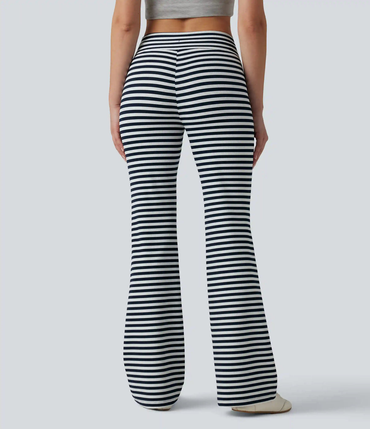 High Waisted Drawstring Tummy Control Stripe Waffle Flare Casual Pants with Pockets