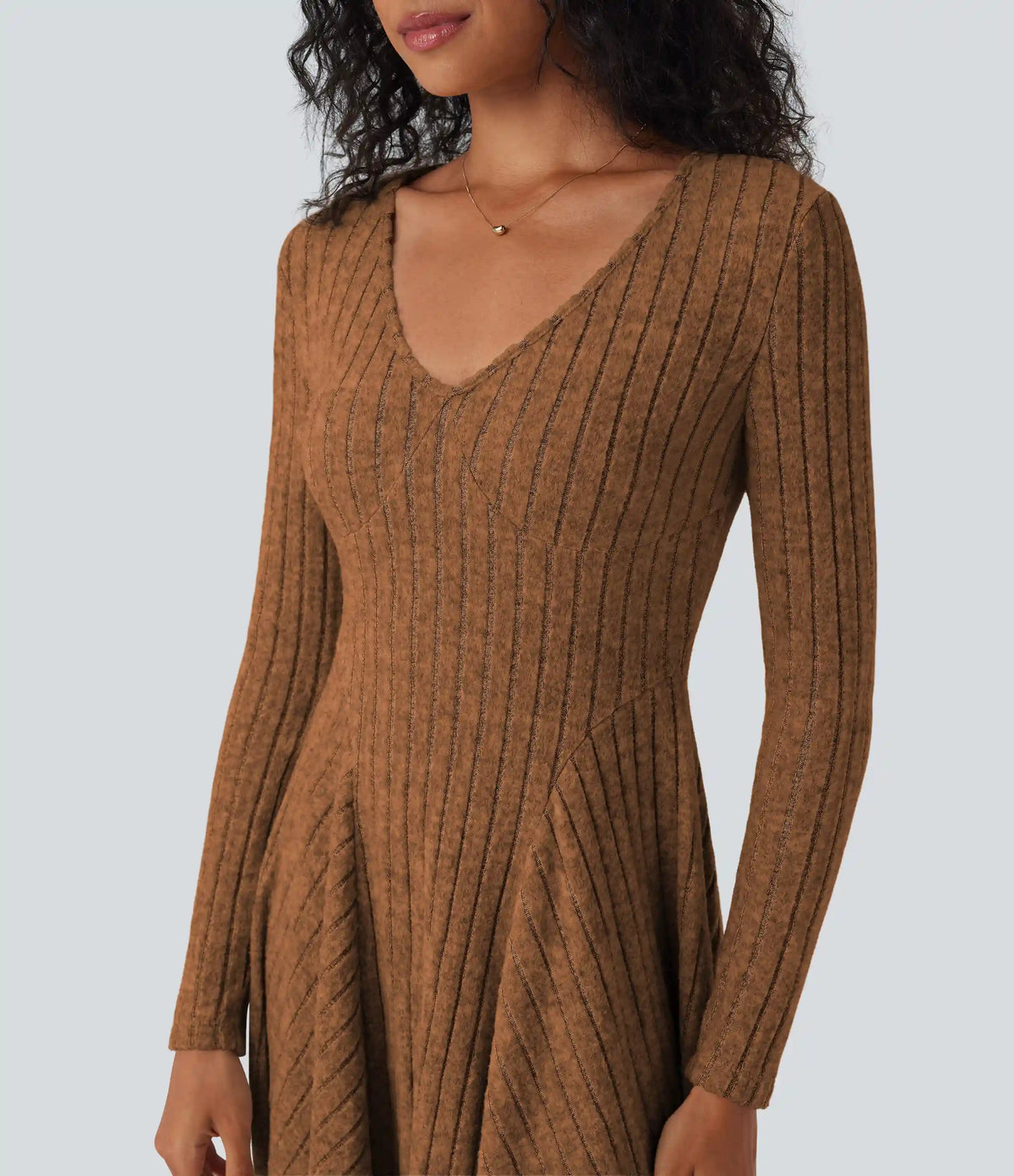 Ribbed Knit V Neck Long Sleeve Flare Mini Casual Dress