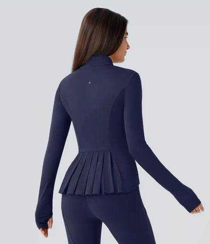 SoftlyZero™ Stand Collar Thumb Hole Pockets Pleated Zipper Slim Jacket
