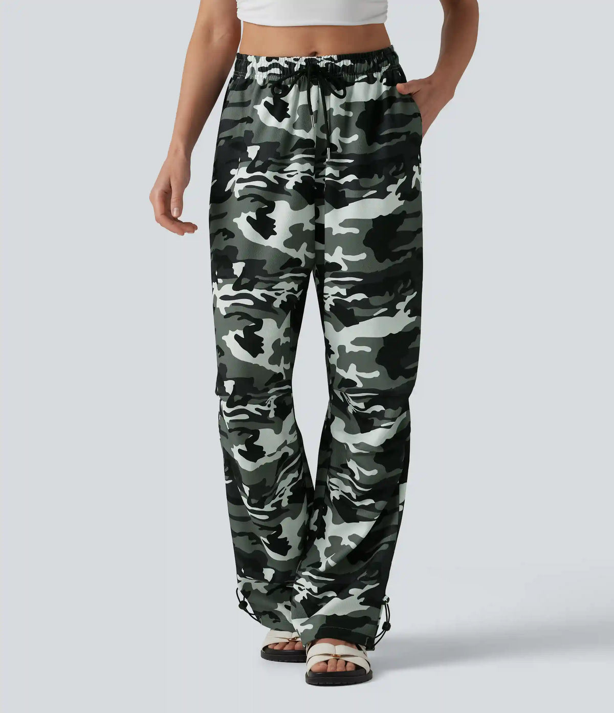 Mid Rise Drawstring Camo Casual Cargo Baggy Pants with Pockets