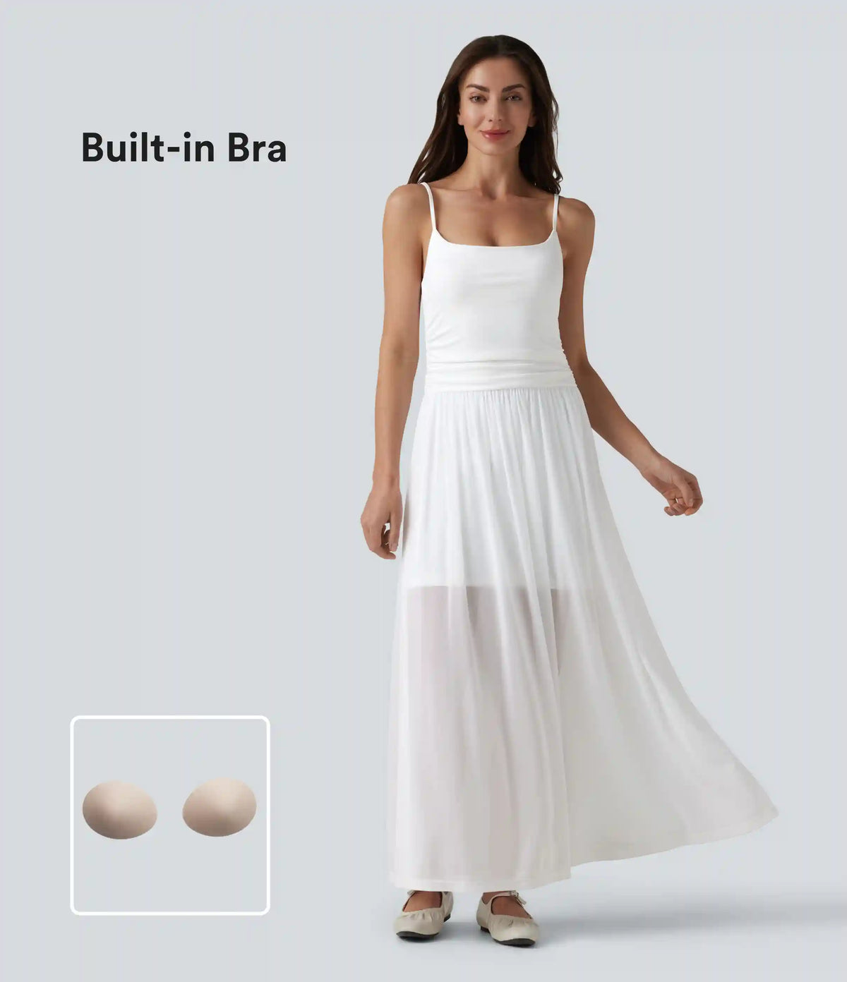 Adjustable Straps Ruched Contrast Mesh Built-in Bra Maxi Casual Flowy Slip Dress