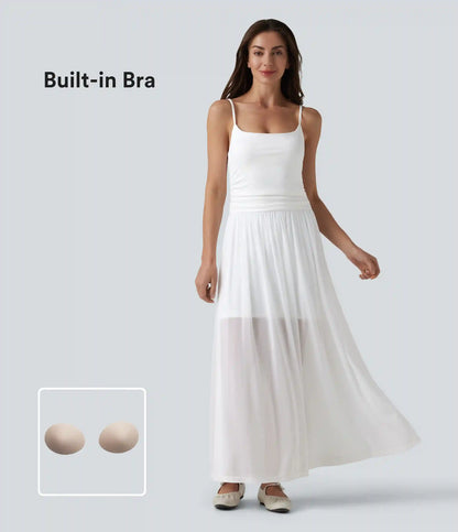Adjustable Straps Ruched Contrast Mesh Built-in Bra Maxi Casual Flowy Slip Dress