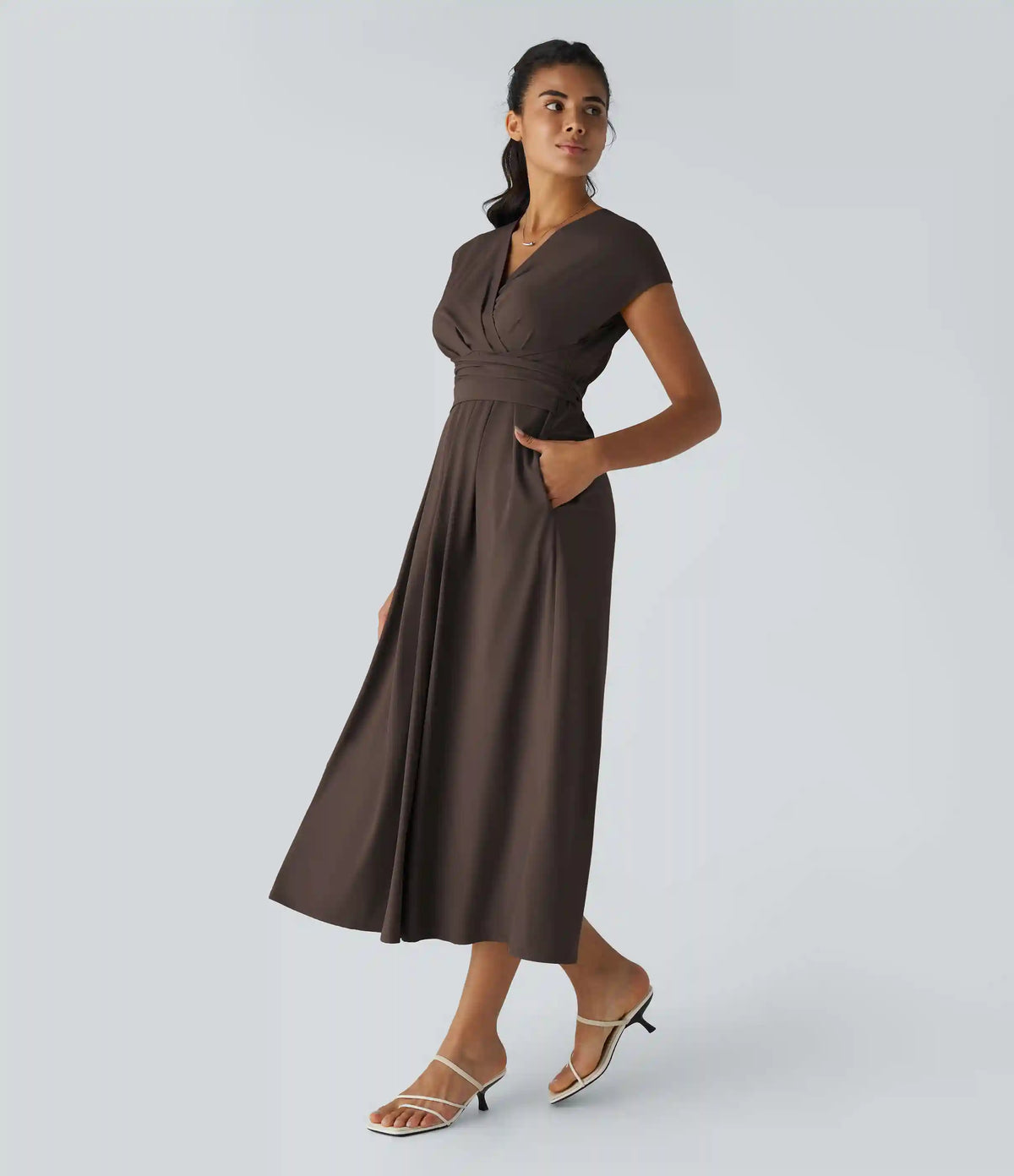 Breezeful™ V Neck Short Sleeve Pocket Tie Back Quick Dry Midi Casual Dress-Longer Length