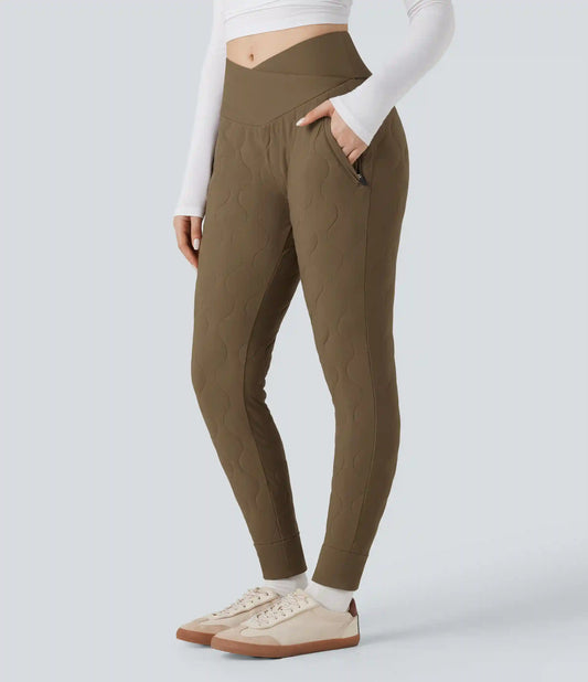 PuffFlex Crossover High Waisted Casual Quilted Joggers with Pockets