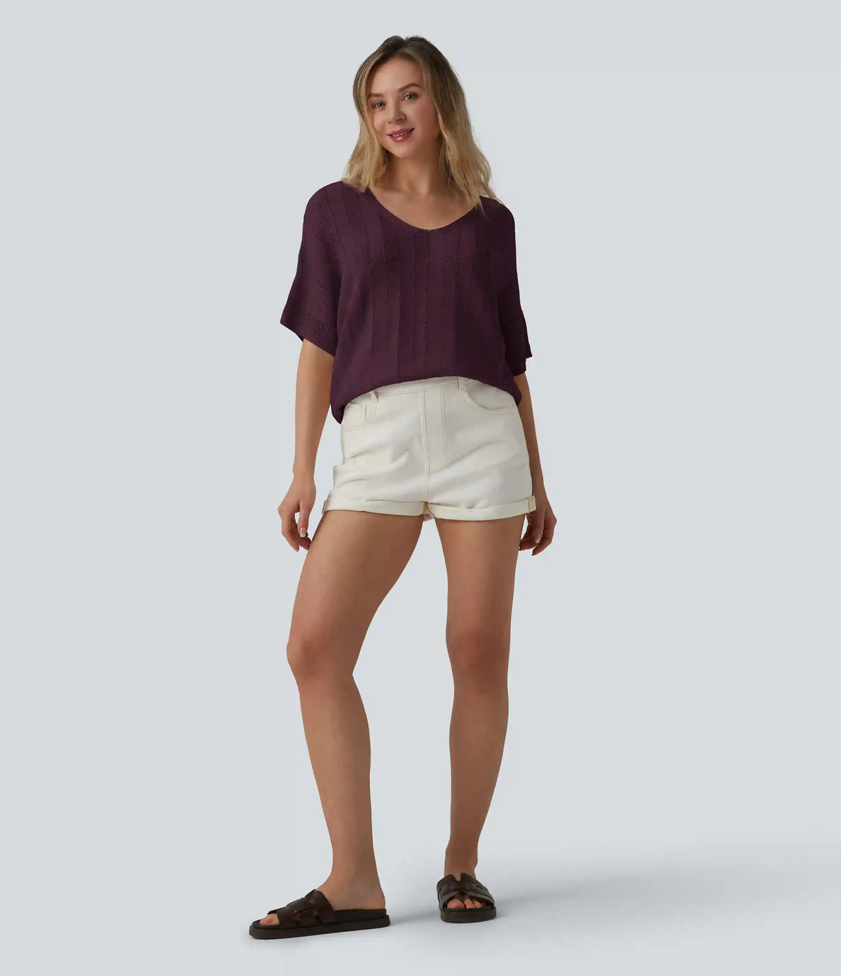 V Neck Short Sleeve Casual Sweater