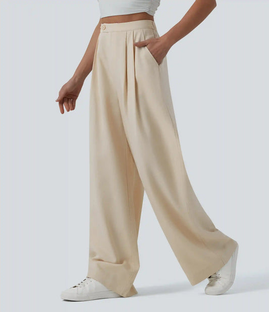 High Waisted Pleated Wide Leg Baggy Draped Flowy Linen Casual Pants with Pockets