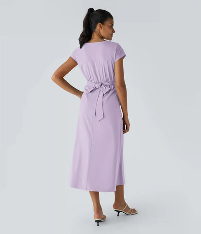 Breezeful™ V Neck Short Sleeve Pocket Tie Back Quick Dry Midi Casual Dress-Longer Length