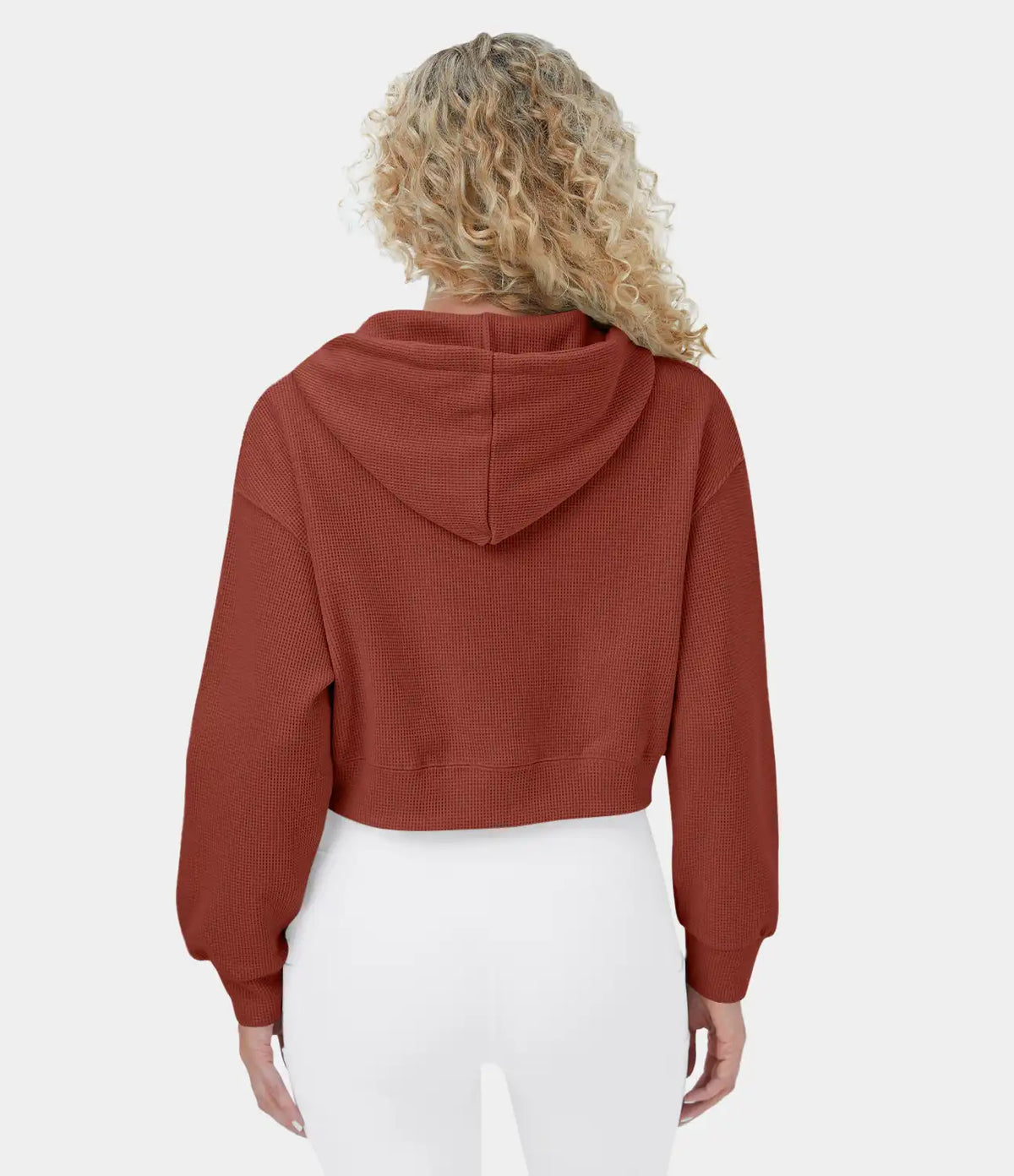 Waffle Hooded Drawstring Zipper Cropped Casual Cotton Sports Sweatshirt