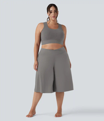 SoftlyZero™ Airy Crossover High Waisted Wide Leg InstantCool Yoga Pedal Pusher Plus Size Pants with Pockets