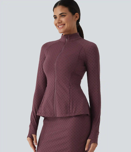 Stand Collar Long Sleeve Thumb Hole Polka Dot Yoga Jacket with Pockets