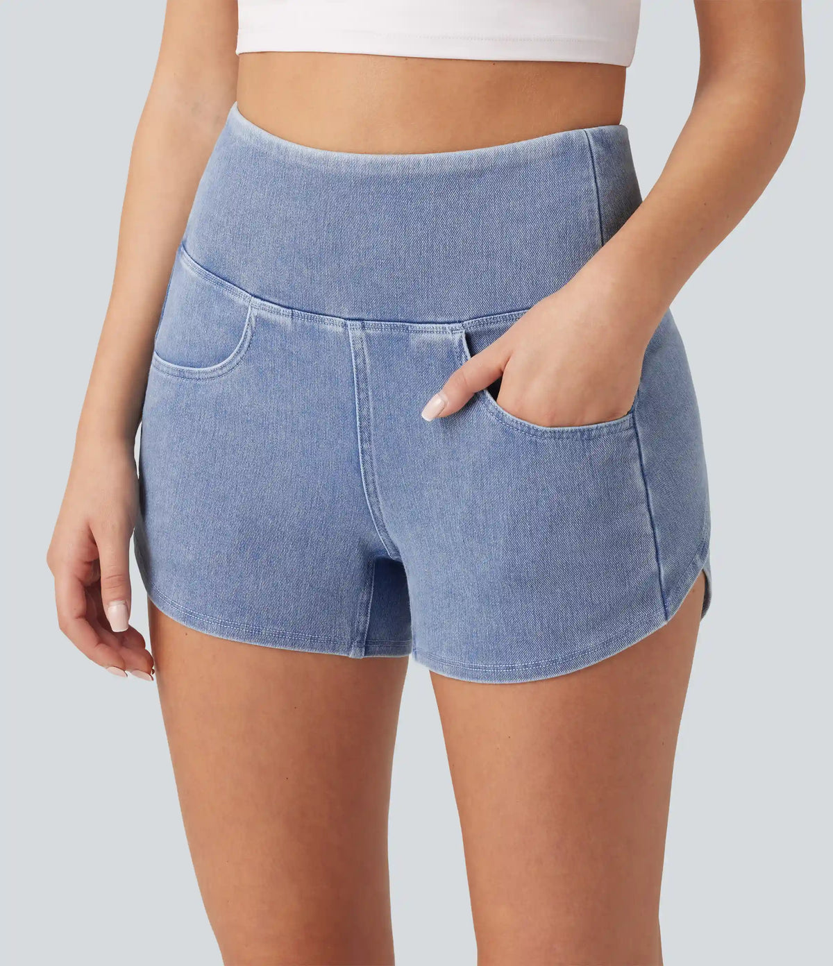 Halara Flex™ High Waisted Tummy Control Curved Hem Skinny Denim Casual Shorts with Pockets