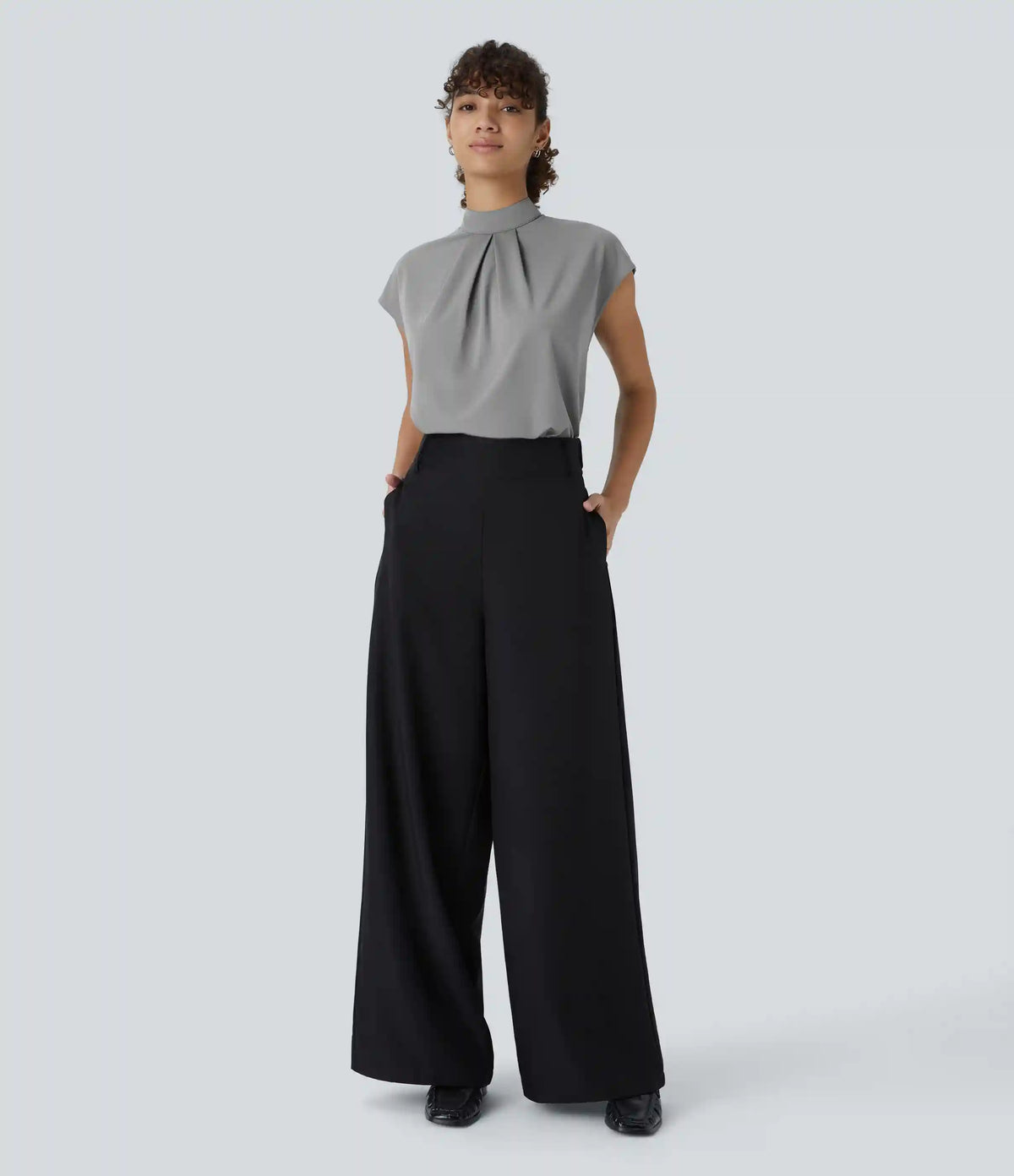 Stand Collar Back Cap Sleeve Work Blouse