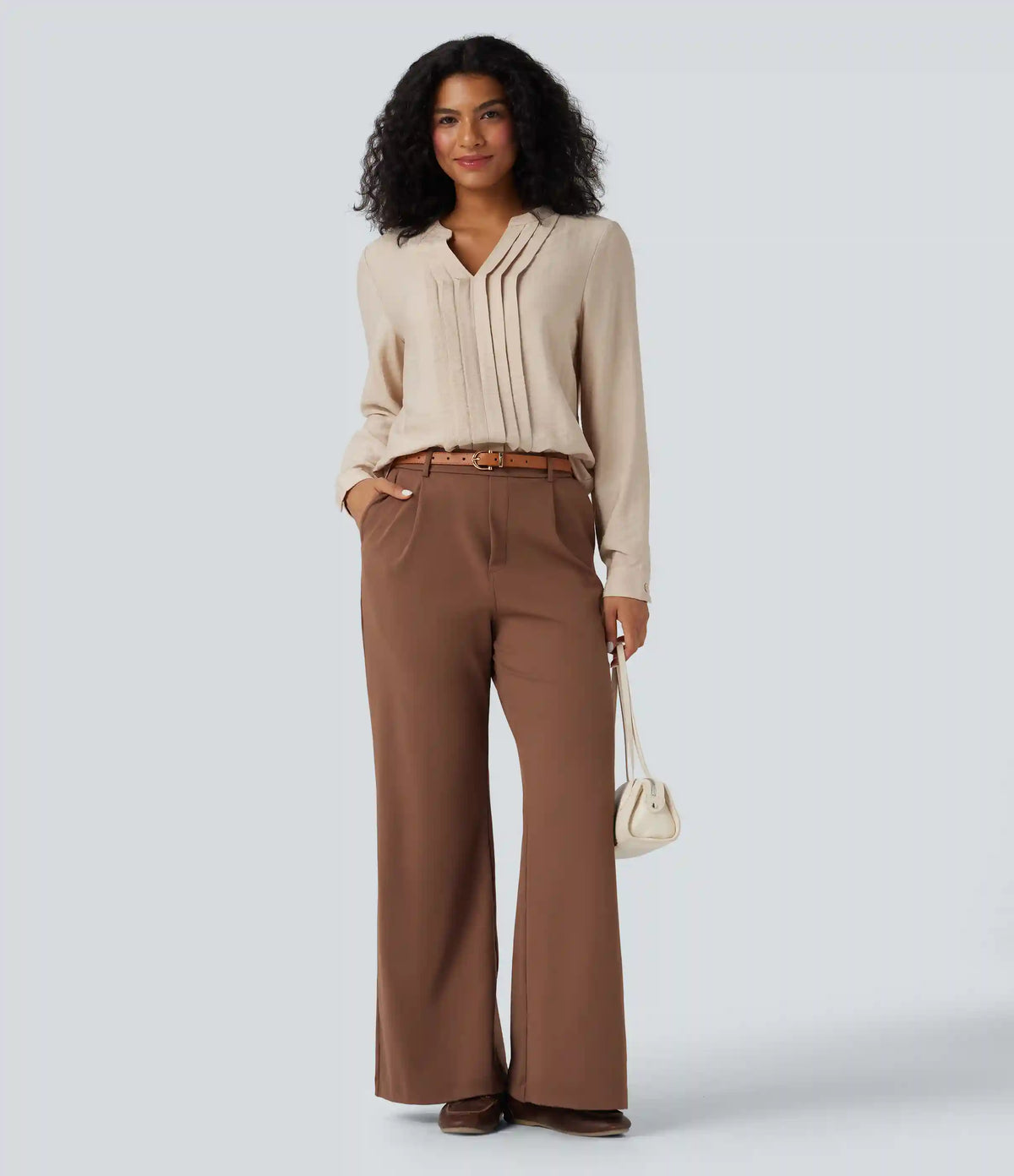 V-neck Long Sleeve Pleated Relaxed Fit Work Blouse