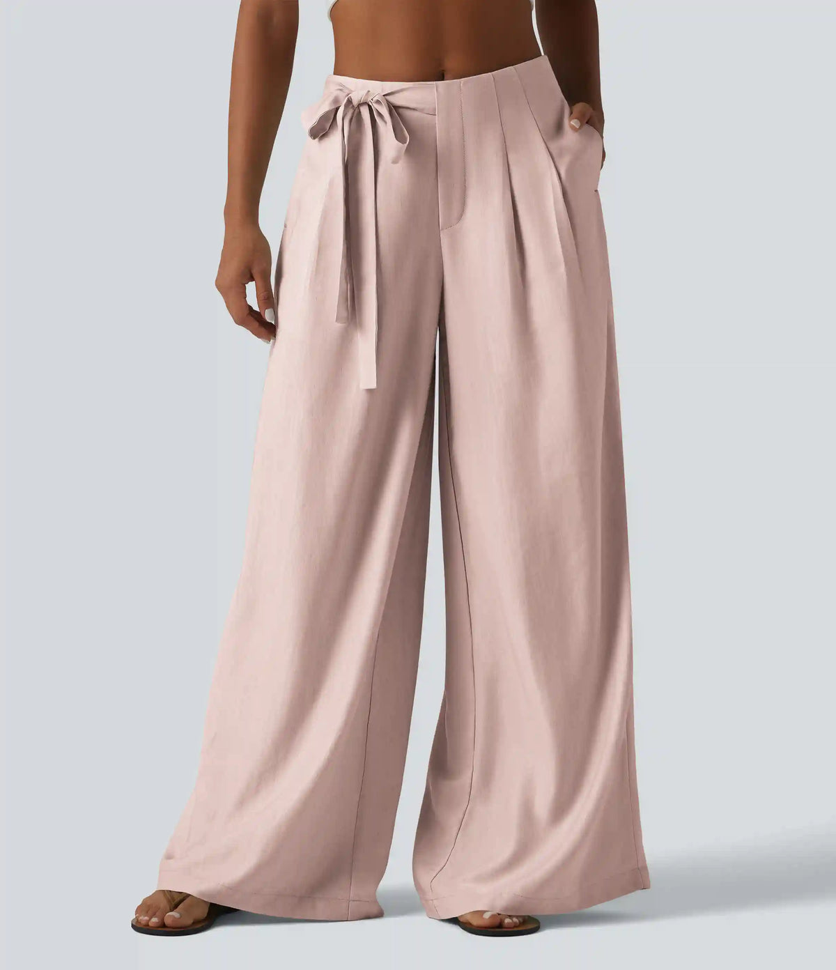 High Waisted Tie Side Baggy Linen-Blend Pants with Pockets