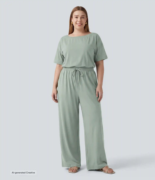 Plus Size Boat Neck Short Sleeve Drawstring Baggy Casual Jumpsuit with Pockets-Easy Peezy Edition