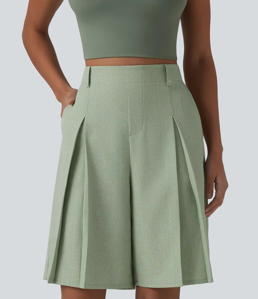 Wrinkle-resistant High Waisted Invisible Zipper Pleated Linen-Feel Casual Bermuda Baggy Shorts with Pockets