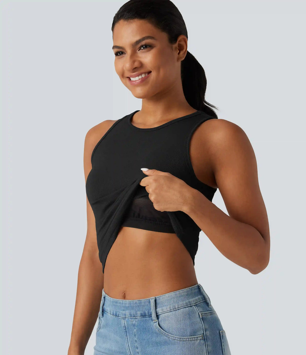 Ribbed Knit Round Neck Built-in Bra Cut Out Cropped Casual Tank Top
