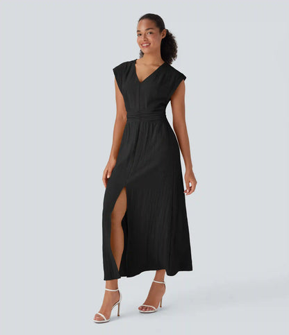 Deep V Neck Cap Sleeve Ruched Maxi Linen-Feel Dress with Pockets