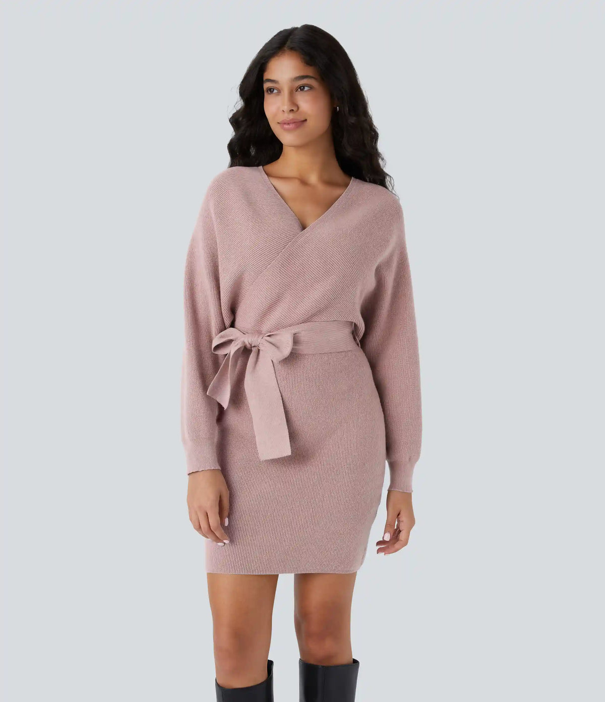 Crossover V Neck Batwing Long Sleeve Belted Mini Casual Sweater Dress