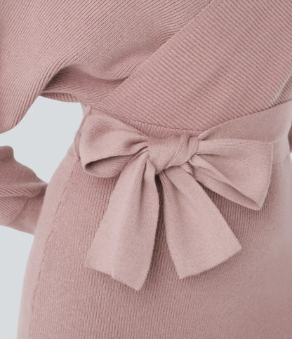 Crossover V Neck Batwing Long Sleeve Belted Mini Casual Sweater Dress