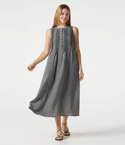 Round Neck Sleeveless Plaid Midi Casual Linen-Feel Dress with Pockets