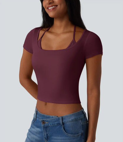 Ribbed Halter Tie Back Built-in Bra Short Sleeve Cropped Casual T-Shirt