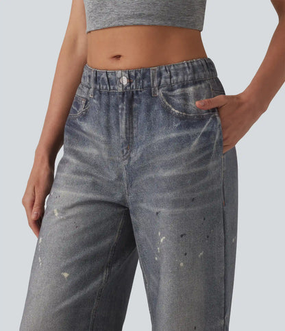 Mid Rise Denim Print French Terry Casual Sweatpants Jeans with Pockets