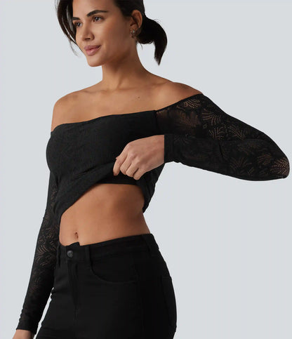 Off Shoulder Built-in Bra Long Sleeve Lace Casual Top
